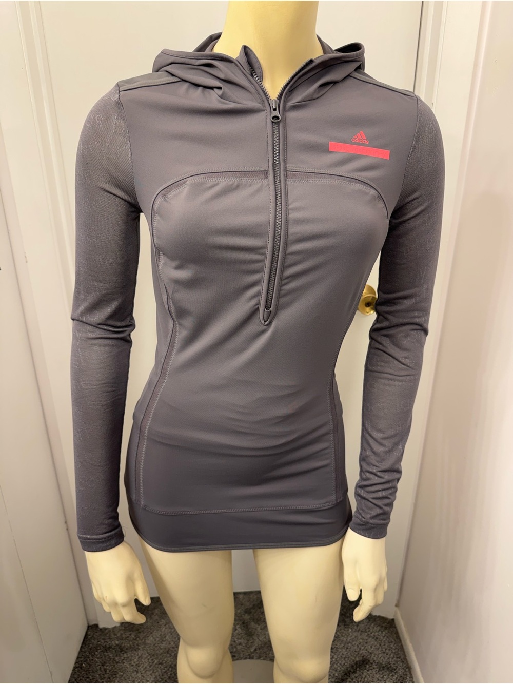 Adidas by Stella McCartney Charcoal Gray Hooded Half-Zip Top with Pink Logo